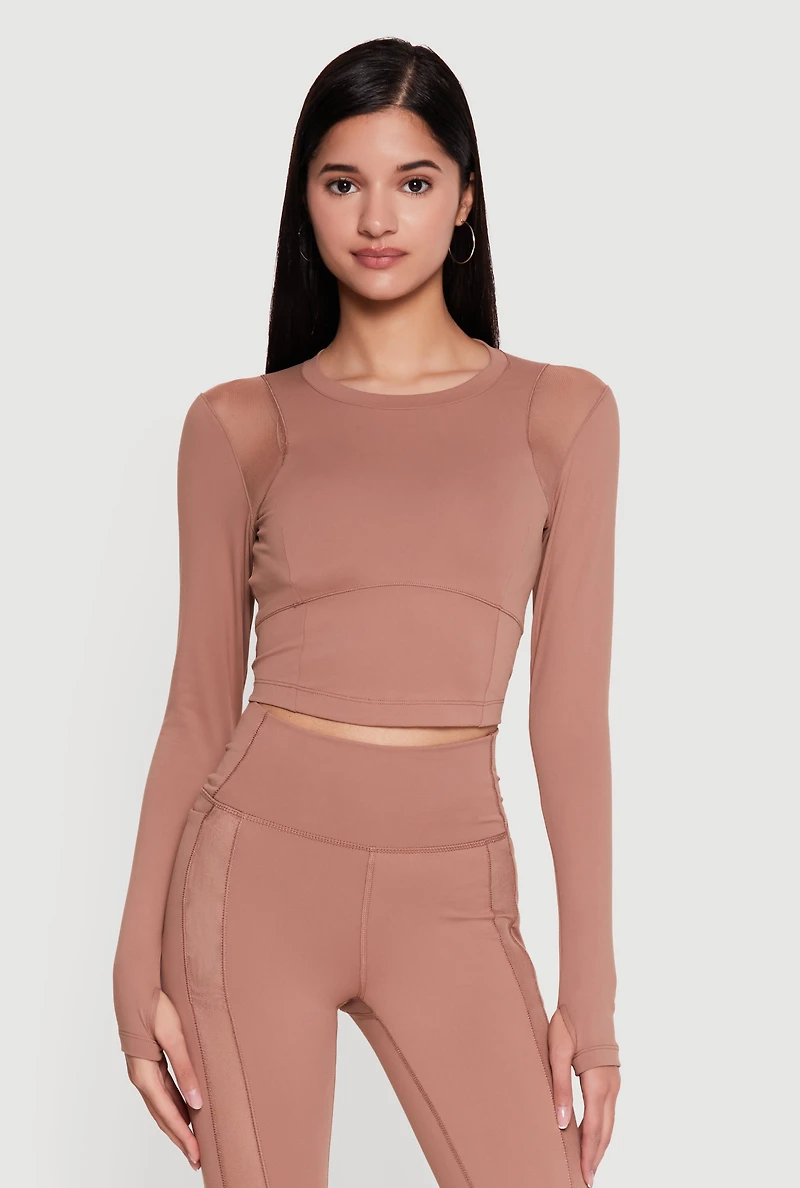 Mesh Detail Long Sleeve Active Top with Thumb Holes