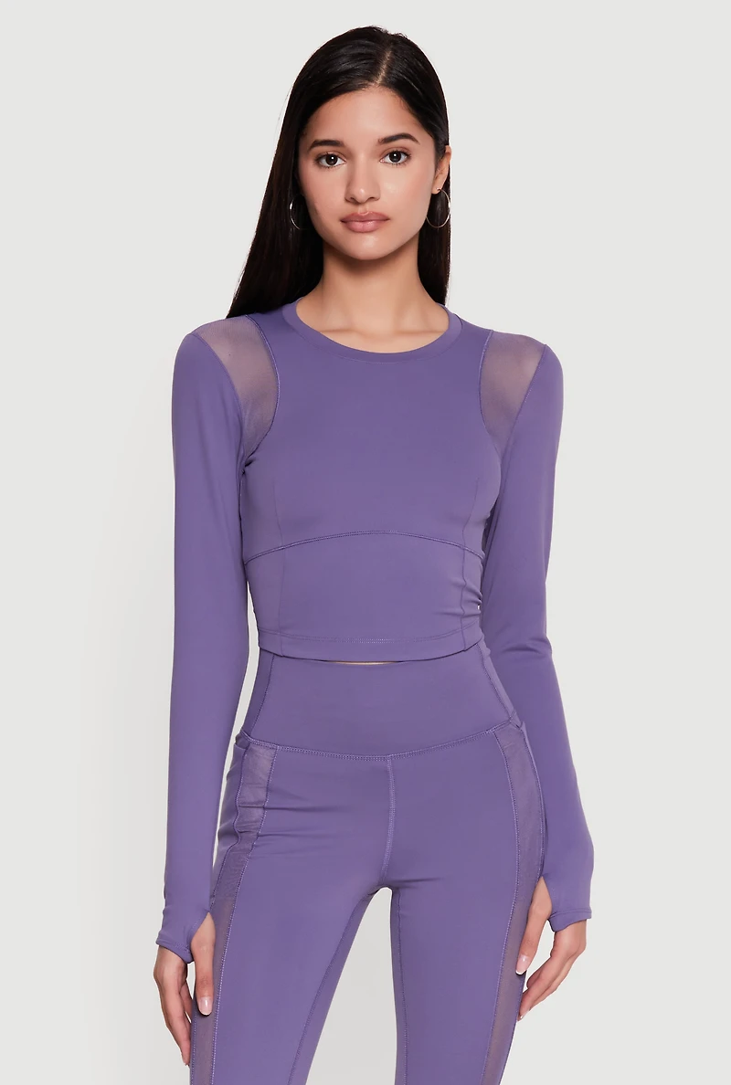 Mesh Detail Long Sleeve Active Top with Thumb Holes