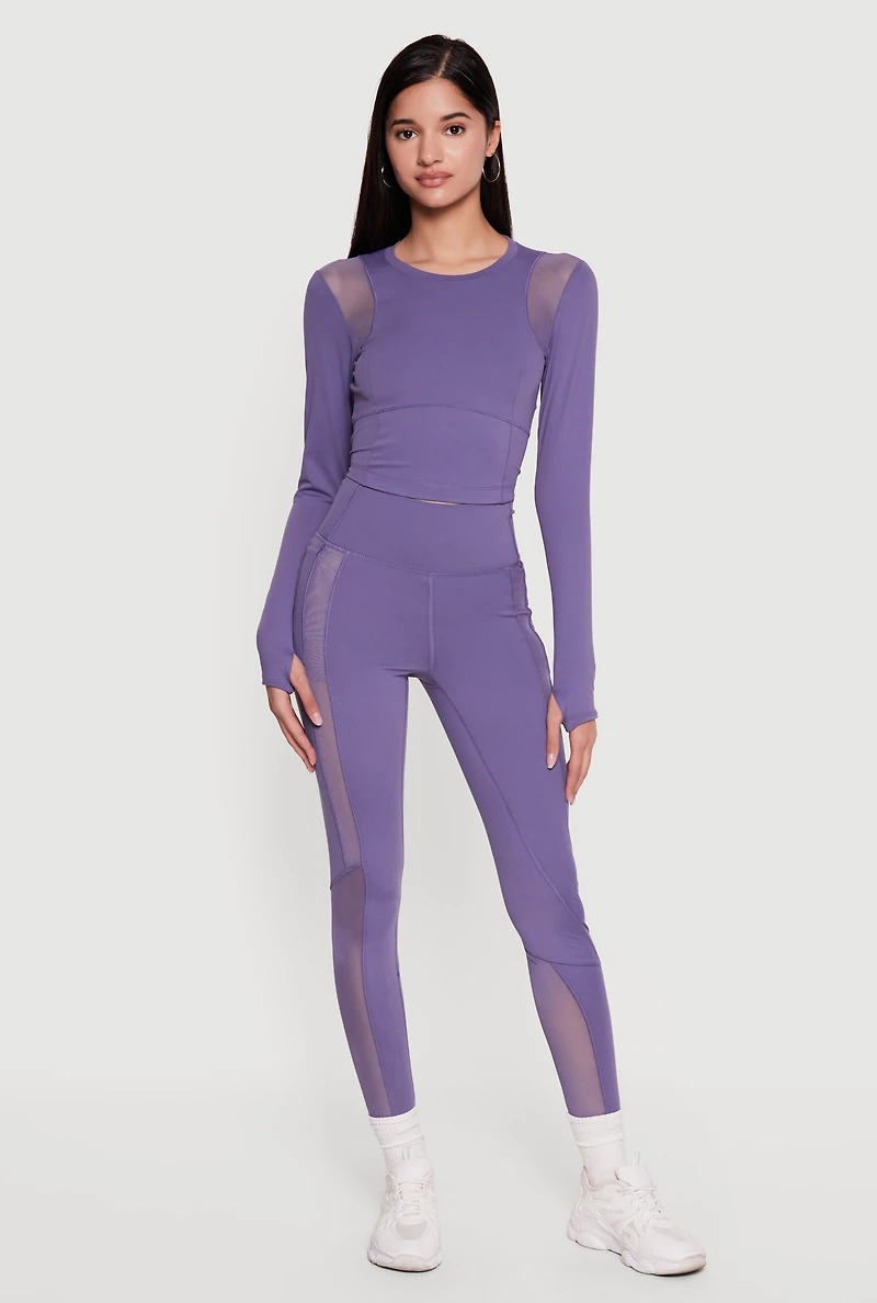 Mesh Detail Long Sleeve Active Top with Thumb Holes