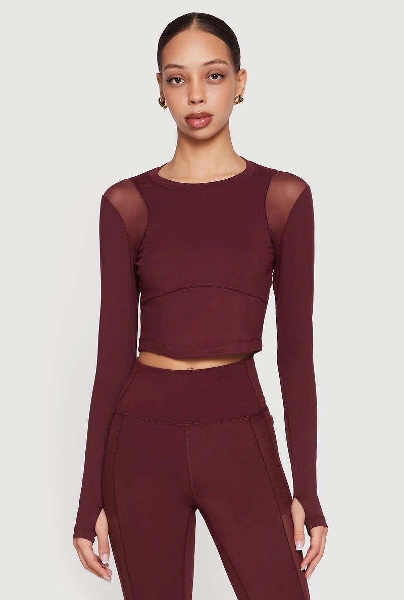 Mesh Detail Long Sleeve Active Top with Thumb Holes
