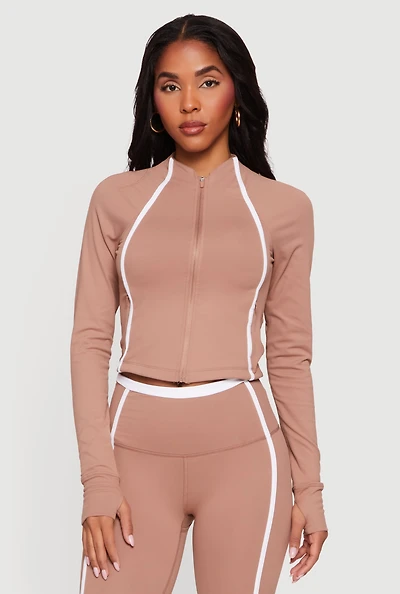 Contrast Trim Zip Front Mock Neck Track Jacket