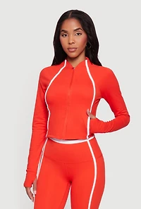 Contrast Trim Zip Front Mock Neck Track Jacket