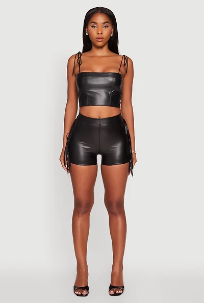 High Waisted Faux Leather Side Fringe Shorts
