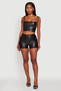 Womens High Waisted Faux Leather Side Fringe Shorts, Black, Size M