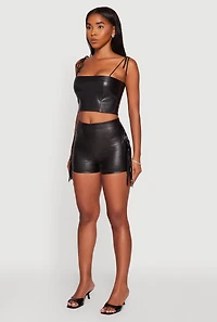 Womens High Waisted Faux Leather Side Fringe Shorts, Black, Size M