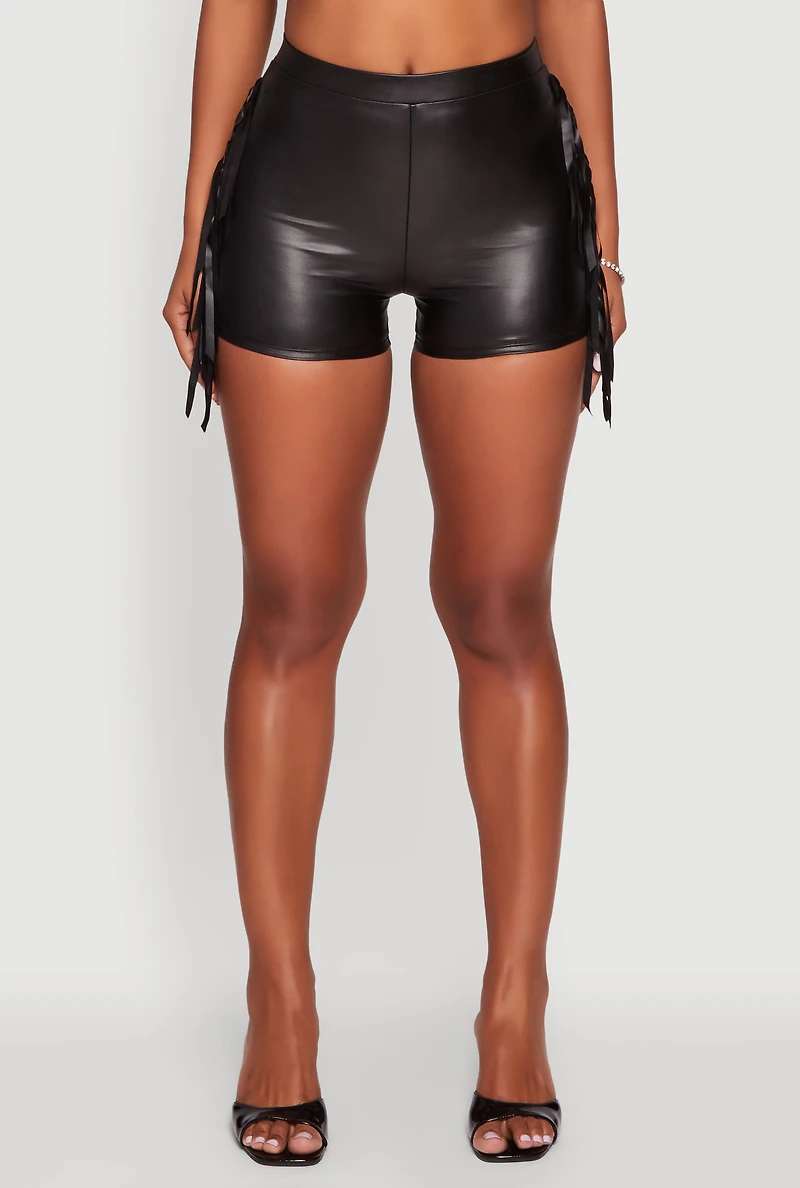 Womens High Waisted Faux Leather Side Fringe Shorts, Black, Size M