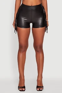 Womens High Waisted Faux Leather Side Fringe Shorts, Black, Size M
