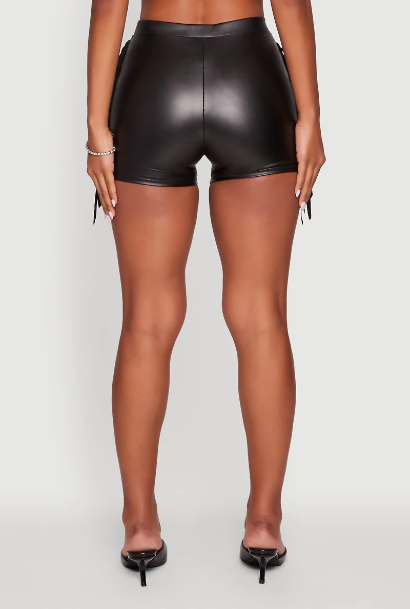Womens High Waisted Faux Leather Side Fringe Shorts, Black, Size M
