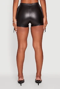 Womens High Waisted Faux Leather Side Fringe Shorts, Black, Size M