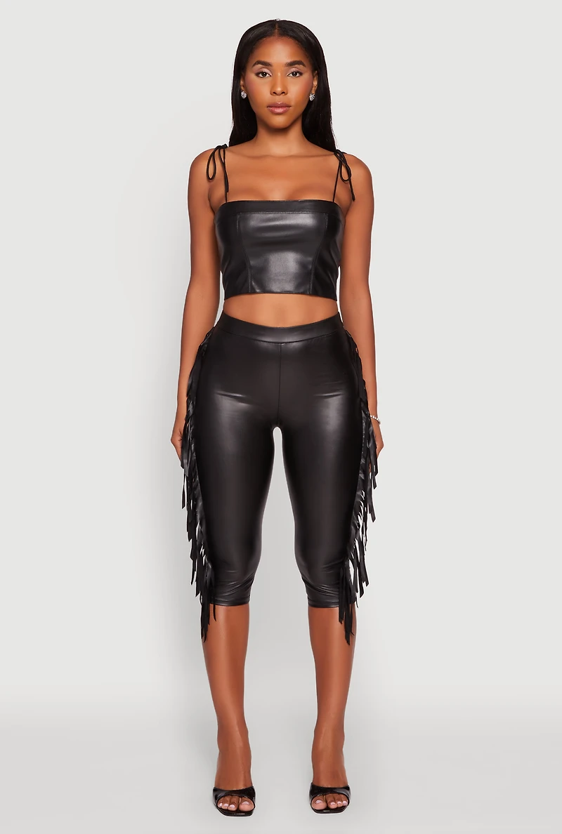 Womens Faux Leather Side Fringe Capris Pants, Black, Size S