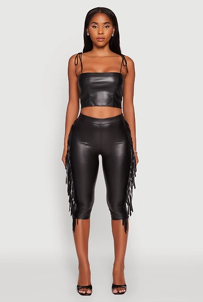Womens Faux Leather Side Fringe Capris Pants, Black, Size S
