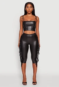 Womens Faux Leather Side Fringe Capris Pants, Black, Size S