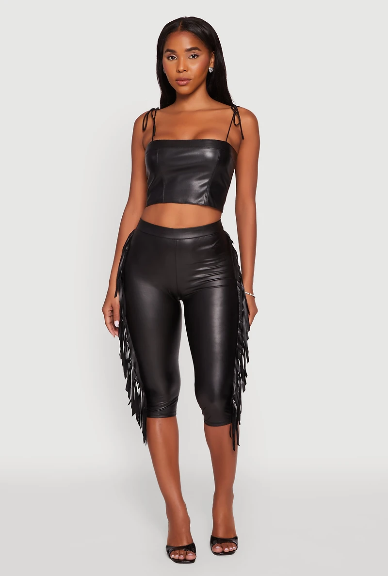 Womens Faux Leather Side Fringe Capris Pants, Black, Size XL