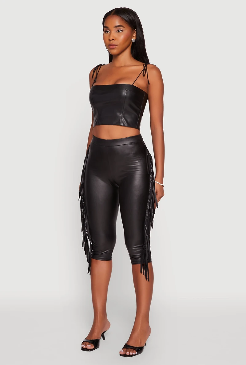 Womens Faux Leather Side Fringe Capris Pants, Black, Size S