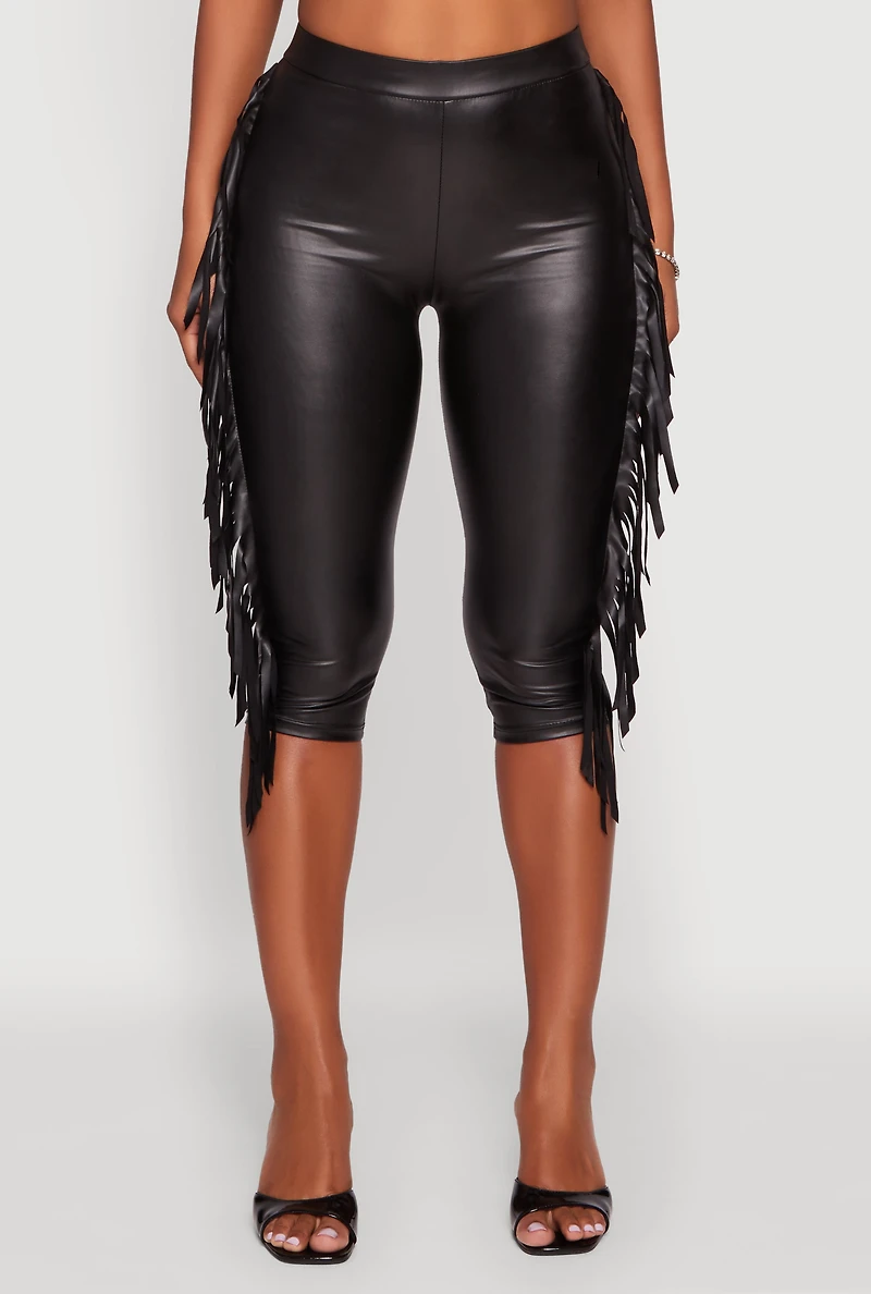 Womens Faux Leather Side Fringe Capris Pants, Black, Size S
