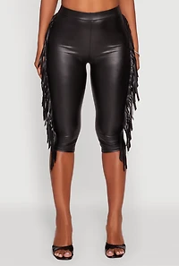 Womens Faux Leather Side Fringe Capris Pants, Black, Size S