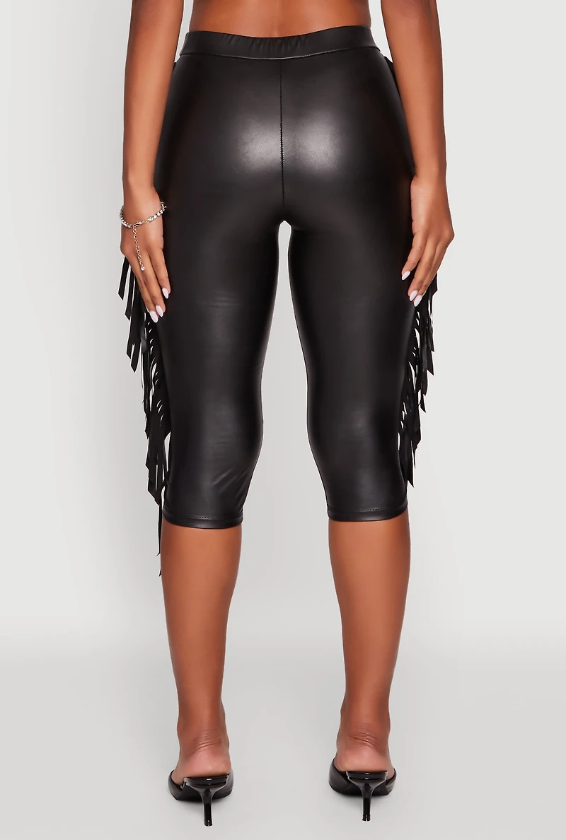 Womens Faux Leather Side Fringe Capris Pants, Black, Size S