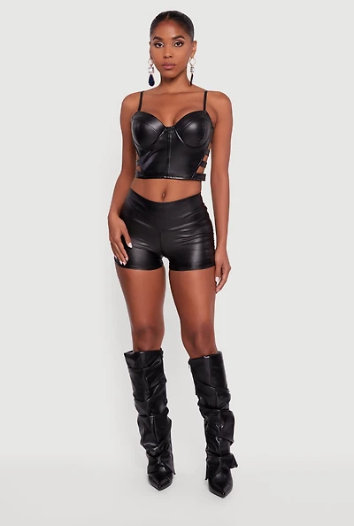 Womens Faux Leather Ruched Side Shorts,
