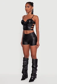 Womens Faux Leather Ruched Side Shorts,