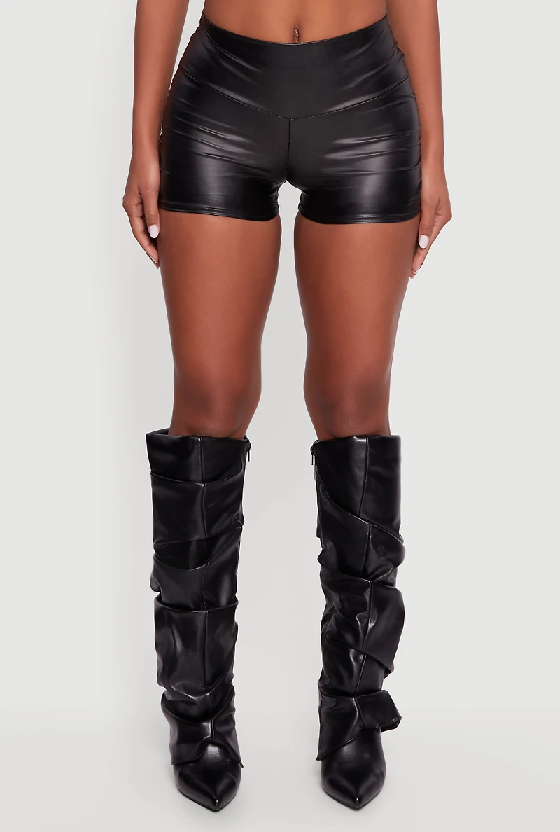 Womens Faux Leather Ruched Side Shorts,