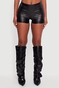Womens Faux Leather Ruched Side Shorts,