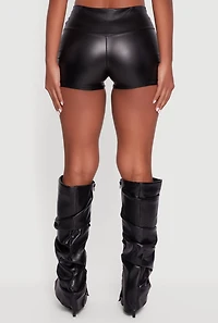 Womens Faux Leather Ruched Side Shorts,