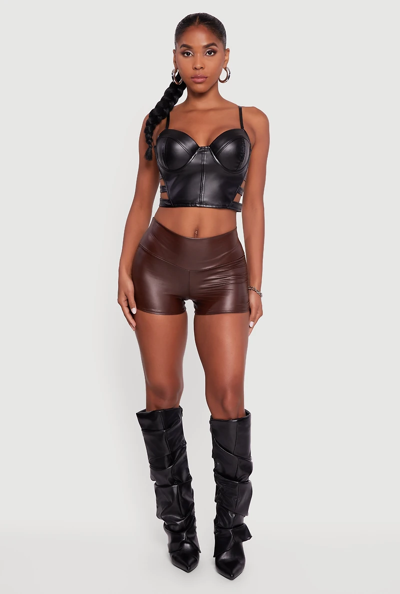 Womens Faux Leather Ruched Side Shorts, Brown, Size M