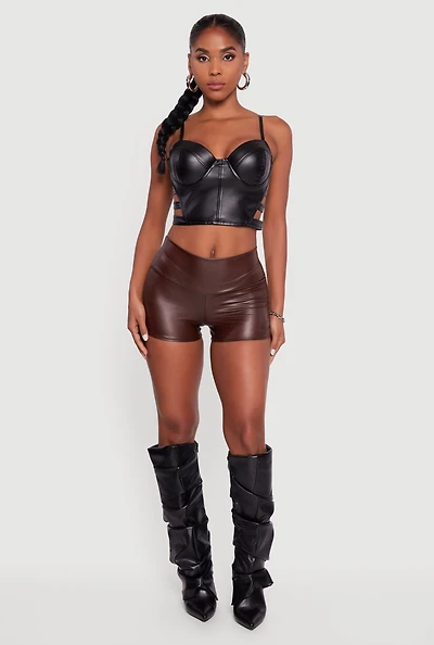 Womens Faux Leather Ruched Side Shorts, Brown, Size M