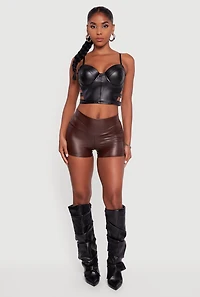 Womens Faux Leather Ruched Side Shorts, Brown, Size M