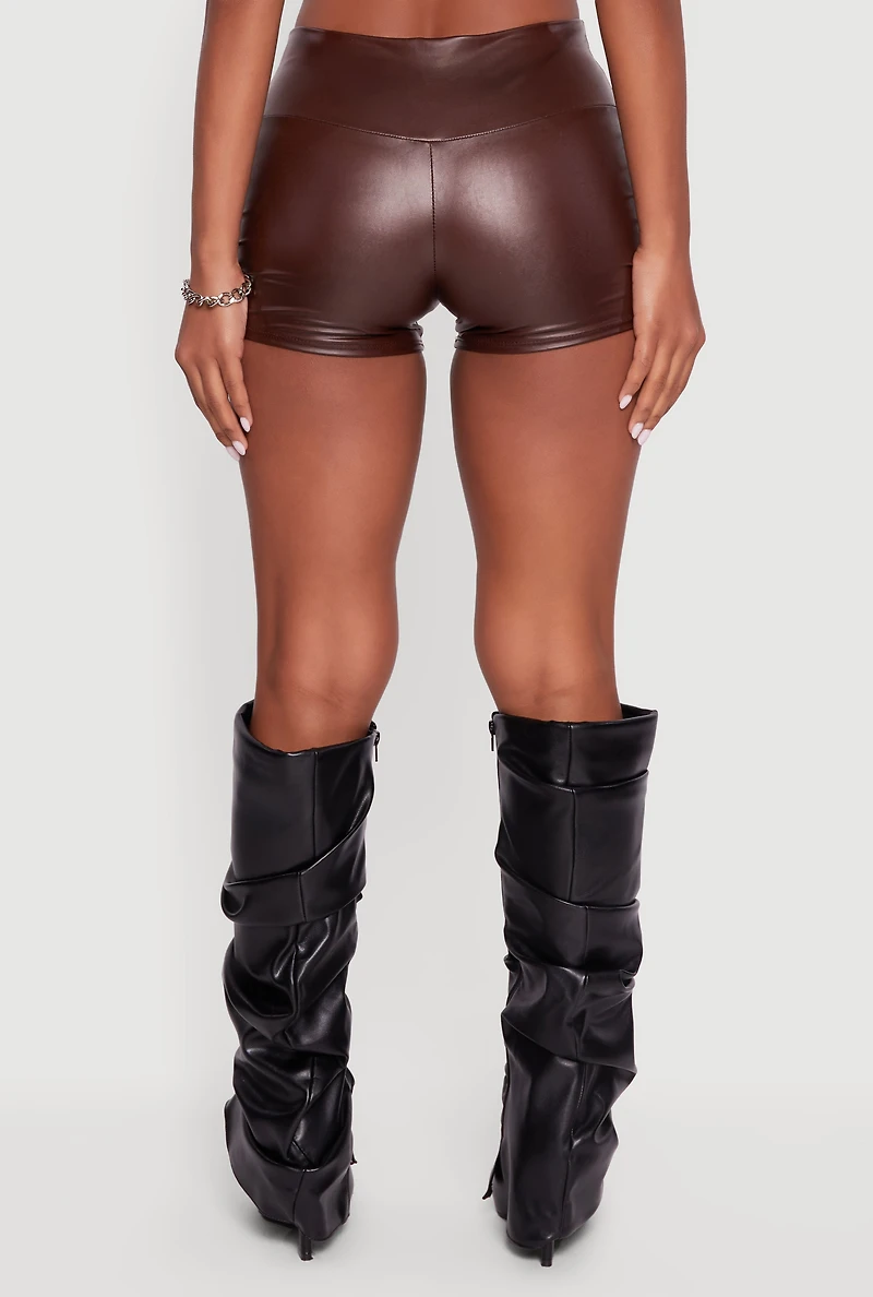 Womens Faux Leather Ruched Side Shorts, Brown, Size M