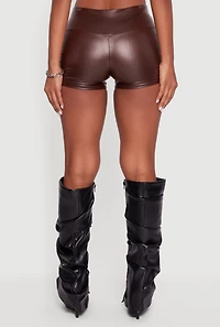 Womens Faux Leather Ruched Side Shorts, Brown, Size M