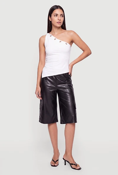 Faux Leather High Waisted Flap Pocket Bermuda Shorts