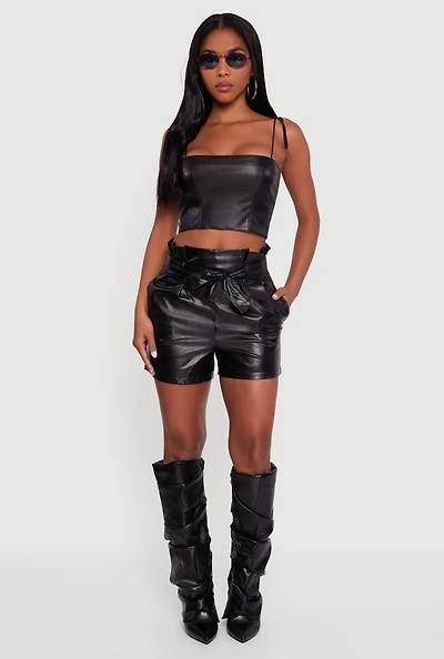 Womens Faux Leather Paper Bag Waist Shorts with Tie Waist Belt, Black, Size S