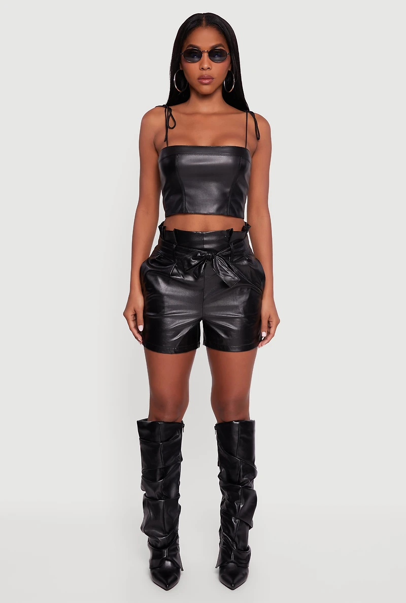 Womens Faux Leather Paper Bag Waist Shorts with Tie Waist Belt, Black, Size S
