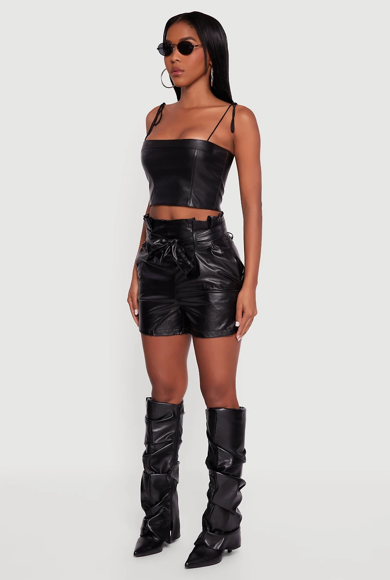 Womens Faux Leather Paper Bag Waist Shorts with Tie Waist Belt, Black, Size M