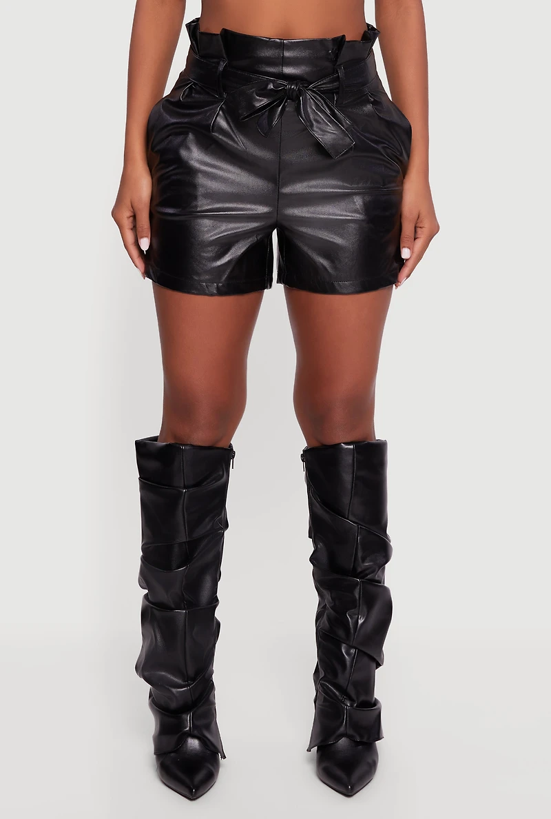 Womens Faux Leather Paper Bag Waist Shorts with Tie Waist Belt, Black, Size S