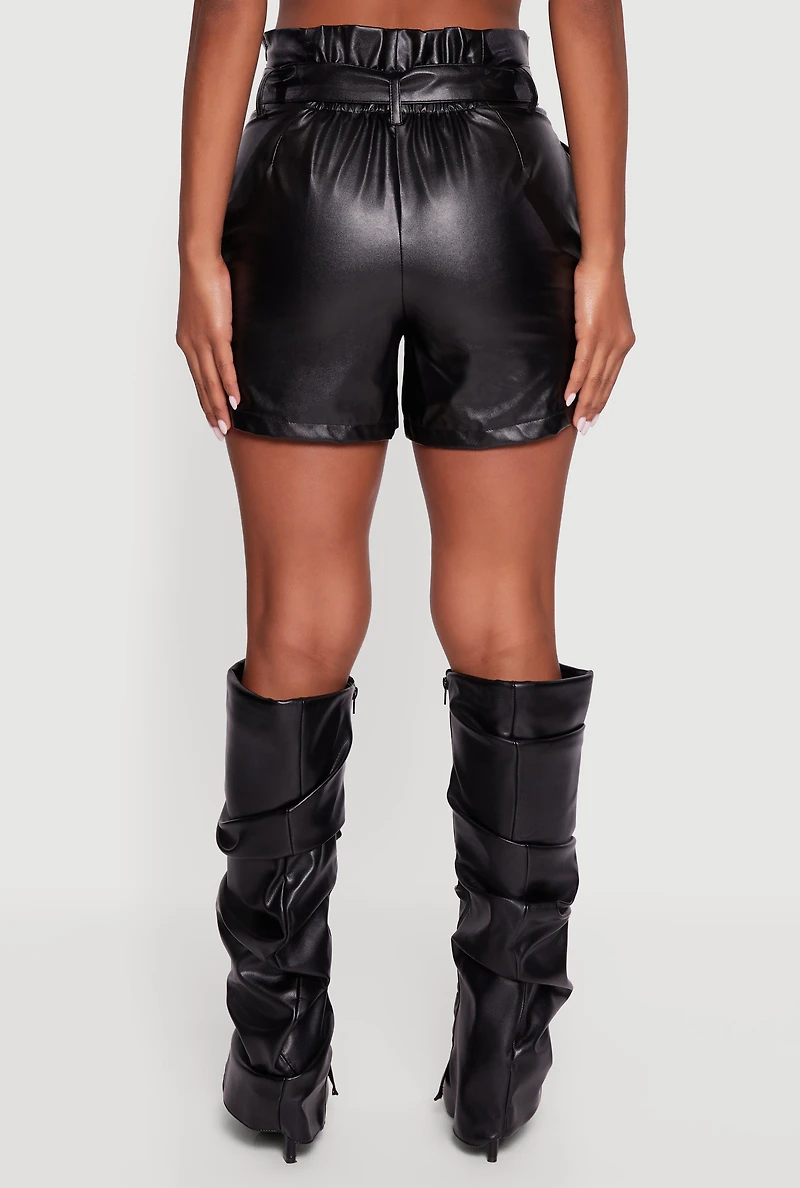 Womens Faux Leather Paper Bag Waist Shorts with Tie Waist Belt, Black, Size M