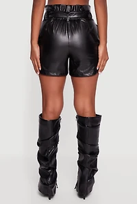 Womens Faux Leather Paper Bag Waist Shorts with Tie Waist Belt, Black, Size M