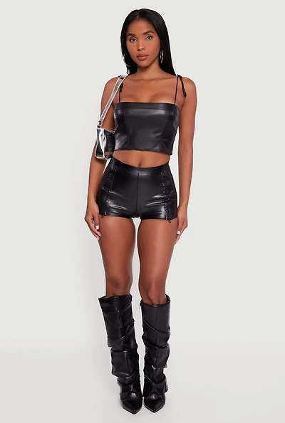 Womens Faux Leather Detailed Micro Shorts,