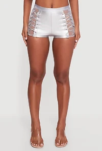 Womens Faux Leather Detailed Micro Shorts, Grey, Size M