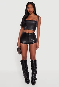 Womens Faux Leather Zip Front Grommet Detail Micro Shorts, Black, Size M