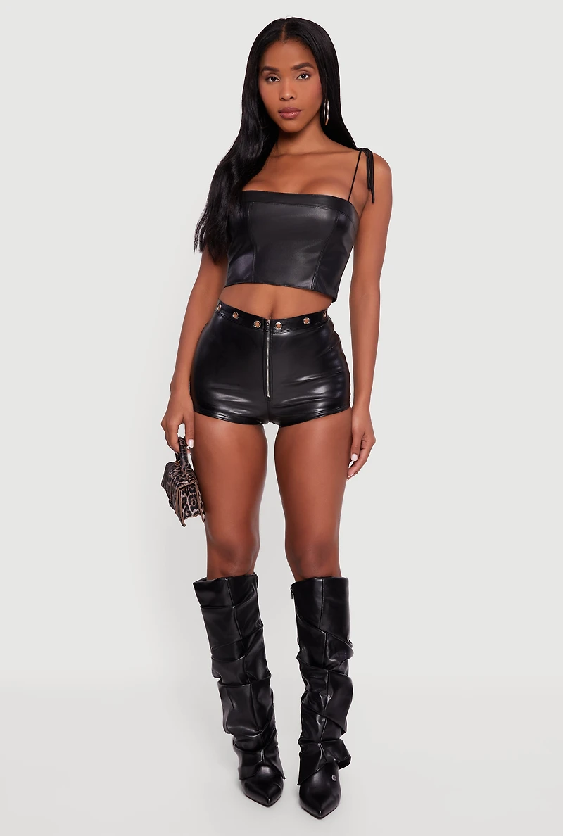 Faux Leather Zip Front Grommet Detail Micro Shorts