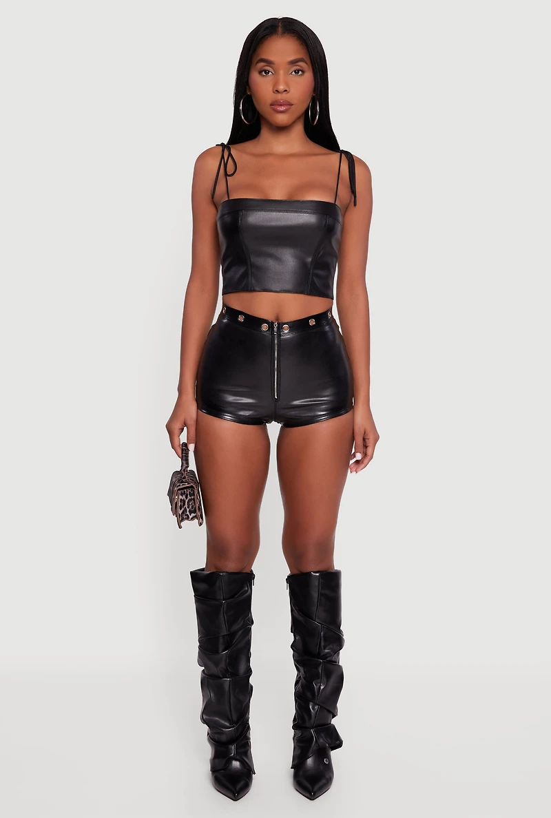 Womens Faux Leather Zip Front Grommet Detail Micro Shorts, Black, Size M