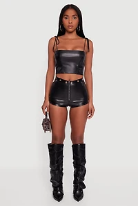 Womens Faux Leather Zip Front Grommet Detail Micro Shorts, Black, Size M