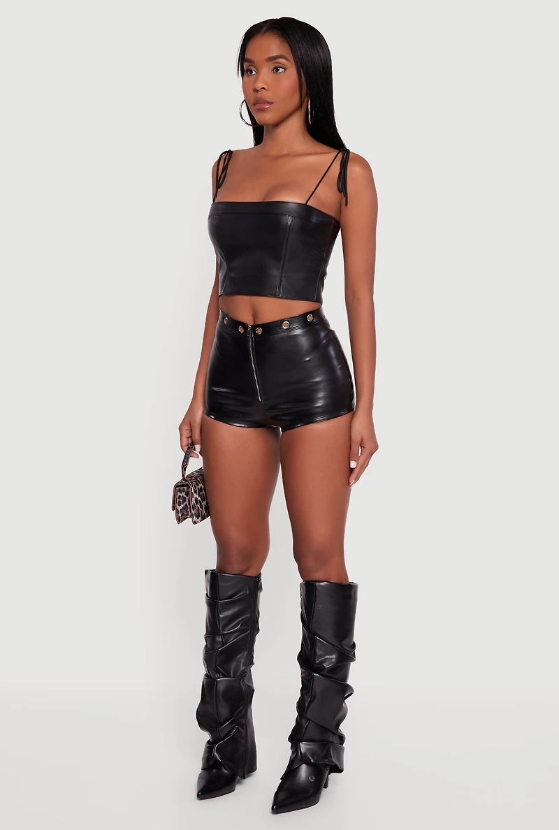 Womens Faux Leather Zip Front Grommet Detail Micro Shorts, Black, Size M