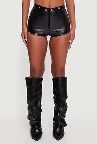 Womens Faux Leather Zip Front Grommet Detail Micro Shorts, Black, Size M