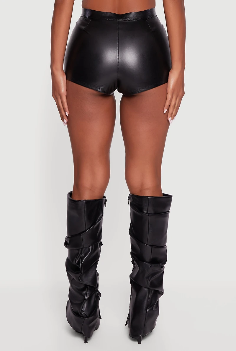 Womens Faux Leather Zip Front Grommet Detail Micro Shorts, Black, Size M