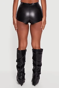 Womens Faux Leather Zip Front Grommet Detail Micro Shorts, Black, Size M