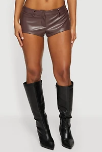 Womens Solid Faux Leather Micro Shorts, Brown, Size M