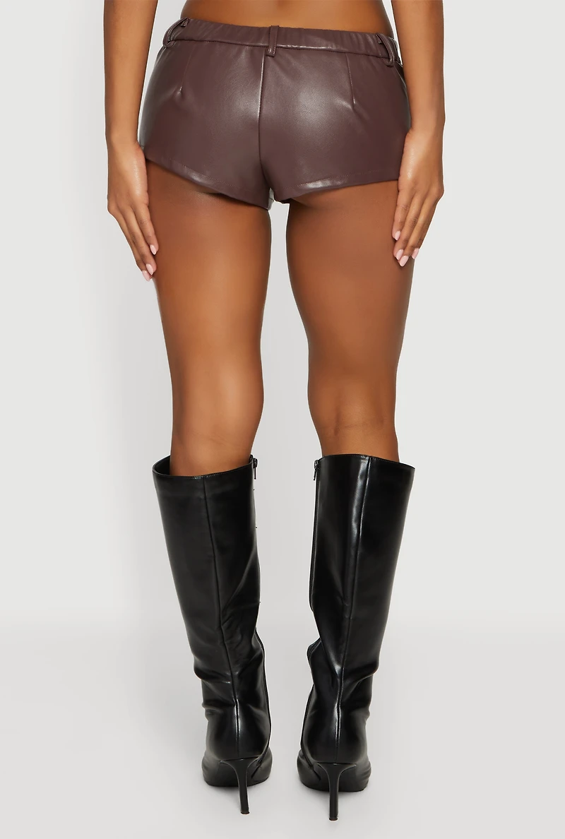 Womens Solid Faux Leather Micro Shorts, Brown, Size M